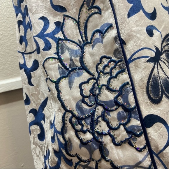 Chinese Qipao Cheongsam Floral Sequin Midi Dress Blue White Size Medium - Picture 5 of 10